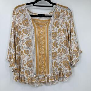 Rachel Zoe White Yellow Floral Semi Sheer Ruffle V Neck Boho Peasant Top Shirt